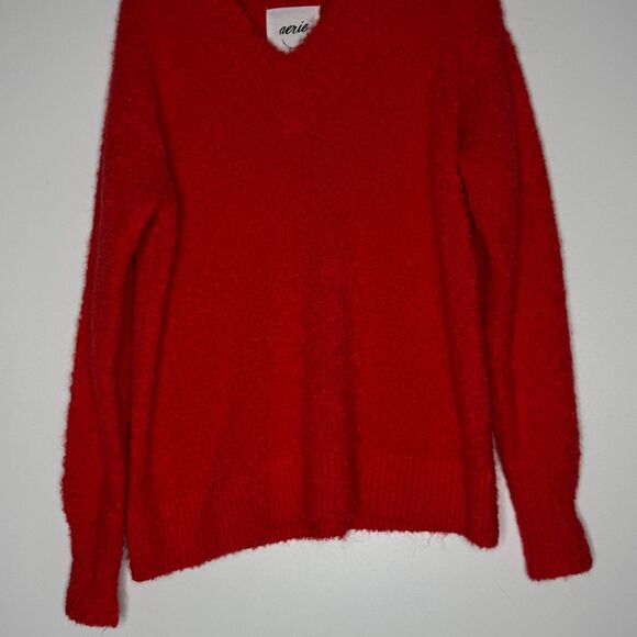 NEW Aerie Fuzzy Plush Teddy Oversized V-Neck Sweater Red Women's Size XS - Picture 5 of 11